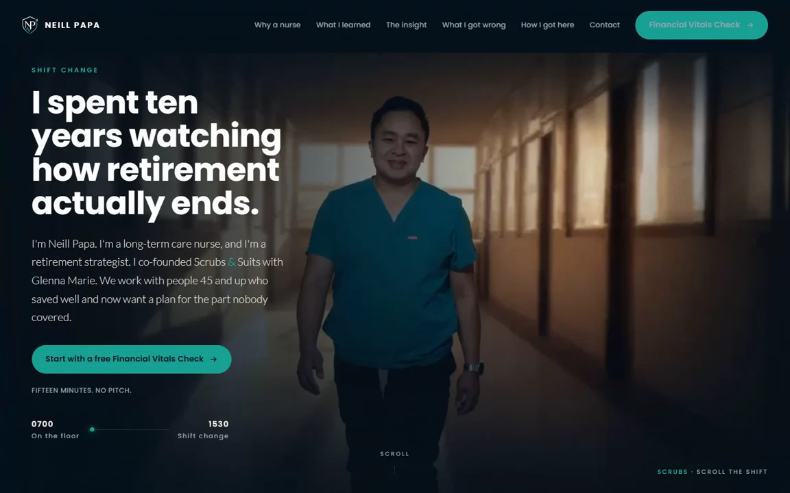 neillpapa.com homepage, a dark cinematic personal site